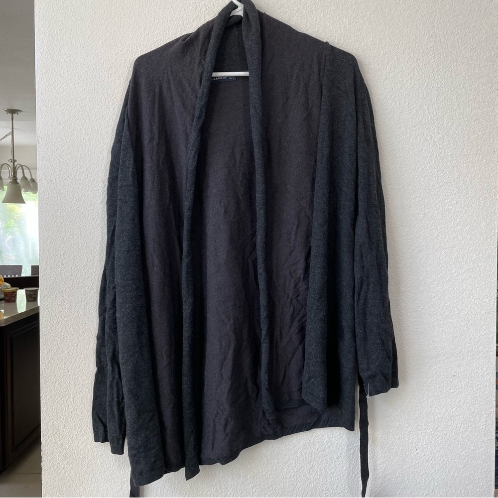 Zara knit black open front front tie cardigan